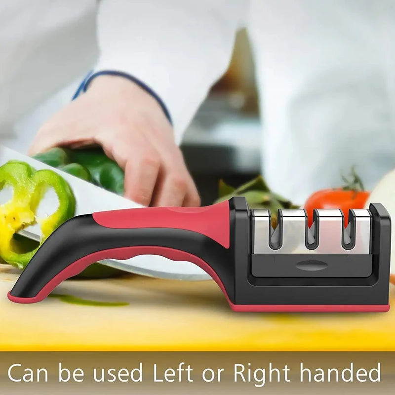 Manual Red & Black Knife Sharpener 3 Stage Sharpening Tool for Ceramic Knife and Steel Knives.