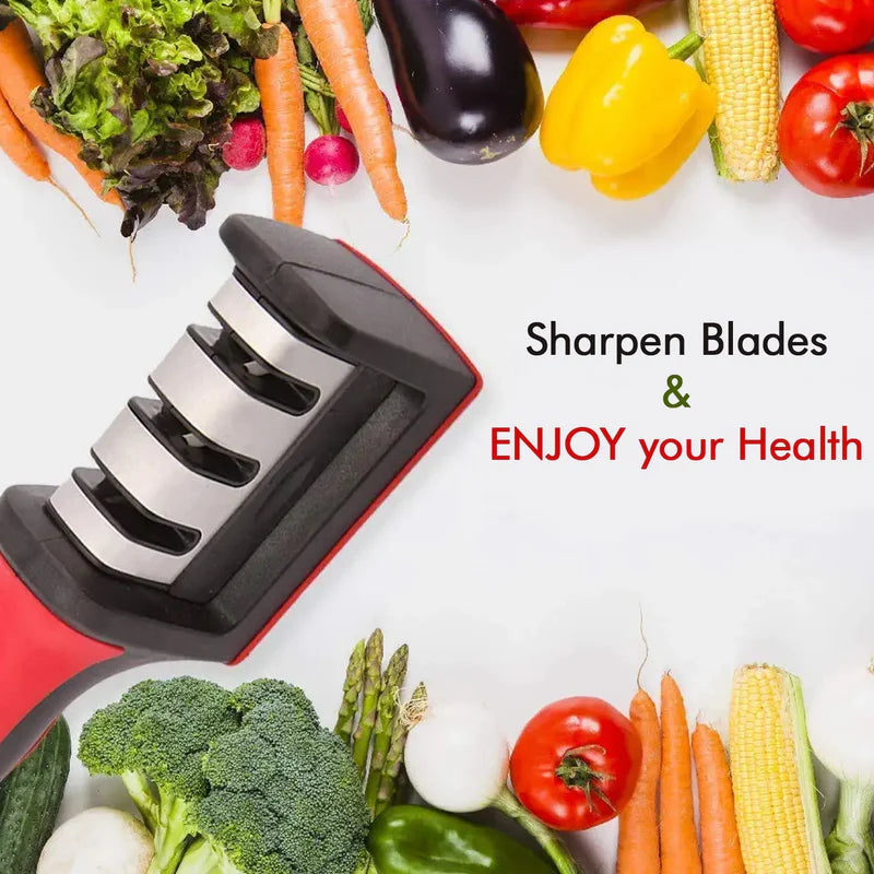 Manual Red & Black Knife Sharpener 3 Stage Sharpening Tool for Ceramic Knife and Steel Knives.