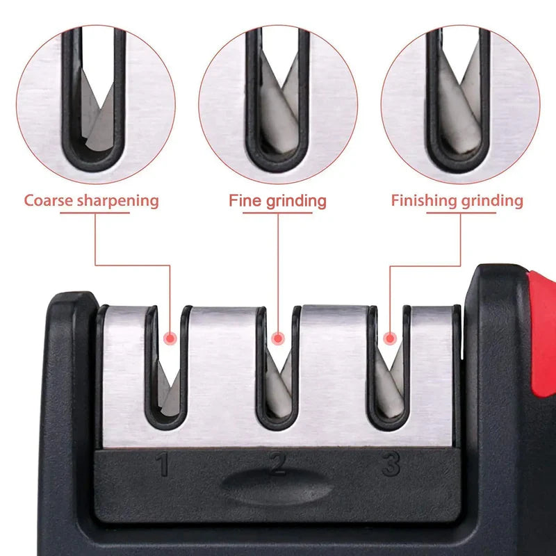 Manual Red & Black Knife Sharpener 3 Stage Sharpening Tool for Ceramic Knife and Steel Knives.